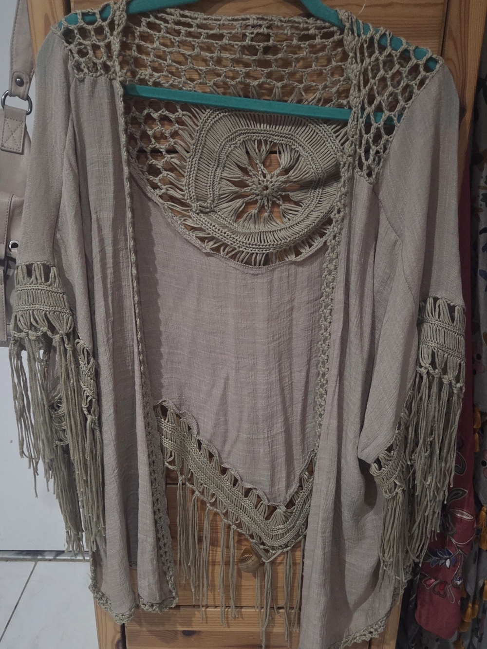 Boho Fringe Crochet Open Cardigan Jacket, Kimono, Cover-up, Shawl - Beige